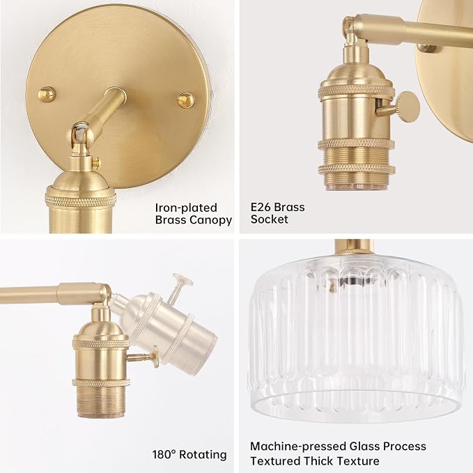 Shenmoyl Vintage Battery Operated Wall Sconce with Clear Striped Glass Lampshade 5000 mAh Rechargeable Battery Powered Wall Light with Remote Control for Bedside Bedroom Doorway, Set of 2