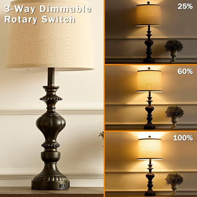SAIWEYA 27.5" Farmhouse Table Lamps Set of 2, 3 Way Dimmable Touch Lamps | Touch Control, Dimmable, USB C+A Ports & AC Outlet, Bulbs Included, Bedside Nightstand Lamp for Living Room, Bedroom