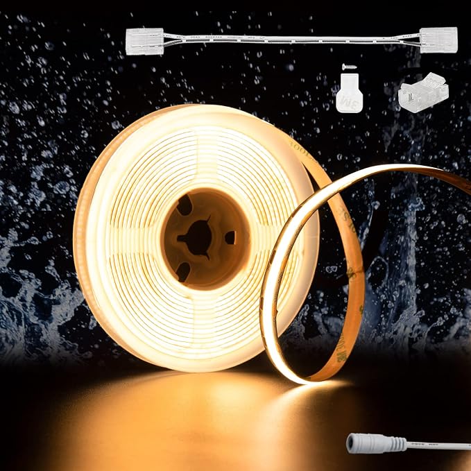 PAUTIX COB LED Strip Light Warm White 2700K IP65 12V, 18ft 2772LEDs CRI90+ Flexible LED Tape Lights for Cabinet Engineering Home DIY Lighting Project with 8mm COB Connector(Power Supply Not Included)