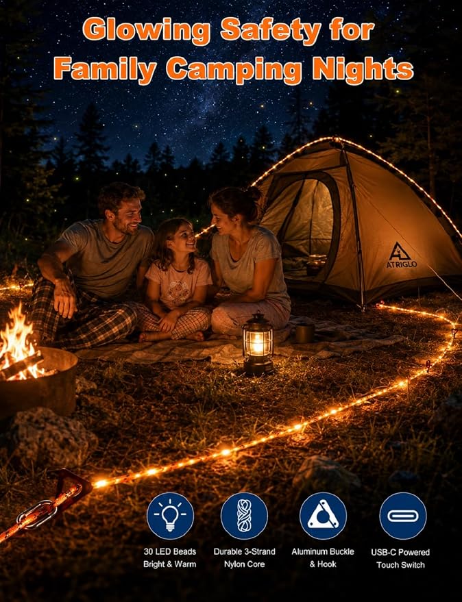 Camping Rope with Light 12FT 660LB LED Illuminated Nylon | Tent Rope for Hammock Clothesline Dog Leash SOS Emergency Type-C Touch Switch IP68 Waterproof Orange