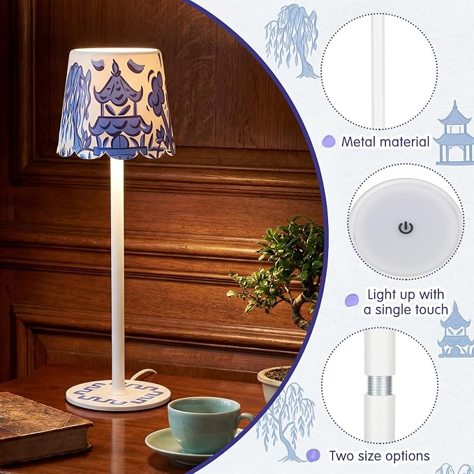 Pickmesh 1 Pack Chinoiserie Mahjong Lamp Scalloped Edge Chinoiserie LED Cordless Table Lamp 3 Color Modern Rechargeable Lamps for Mah Jong Table Living Room Nightstand Desk
