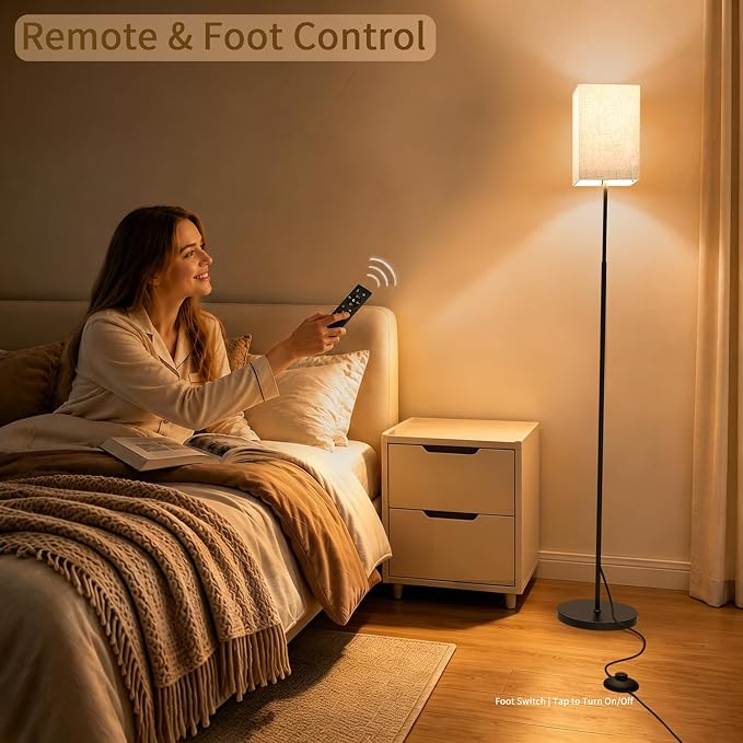 63.8" Square Floor Lamp with White Linen Shade | Dimmable Standing Lamp, Remote & Foot Switch, 3 Color Temperatures, 9W LED Bulb Included, for Living Room, Bedroom & Office