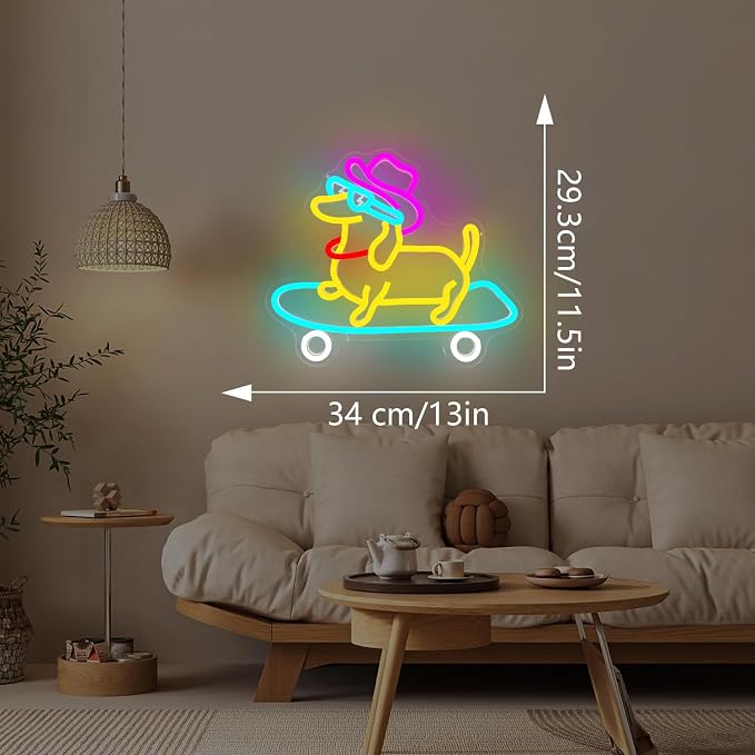 Skateboard Dog Neon Sign Dog Neon Lights for Wall Decor Dimmable Animal Led Signs for Bedroom Cool Dachshund Neon Light Sign Decoration for Pet Shop Party Bar