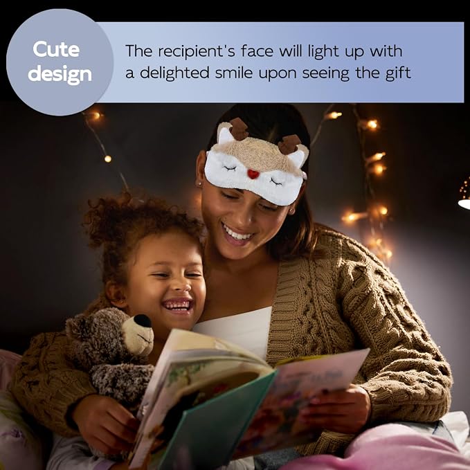 Christmas Reindeer Sleep Mask Cute Antler Eye Masks Sleeping Soft Plush Cartoon Blindfold Funny Animal Eye Cover Xmas Presents for Women Men (Xmas Reindeer,White)