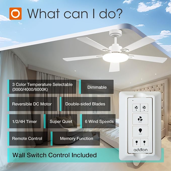 addlon 52 Inch Ceiling Fans with Lights and Remote Control, Wall Switch | Reversible DC motor, 6-speed, Timer, 3CCT Dimmable, Quiet, White Ceiling Fan for Bedroom, Living Room, Indoor/Outdoor Use