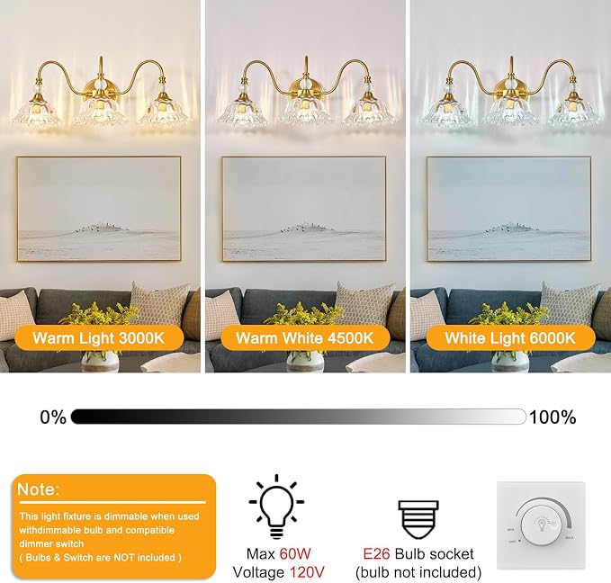 Modern Bathroom Vanity Light Fixtures 3 Lights Brushed Gold Vanity Lights for Bathroom with Floral Crystal Glass Shade Modern Wall Lighting Fixtures Over Mirror(Exclude E26 Bulb)