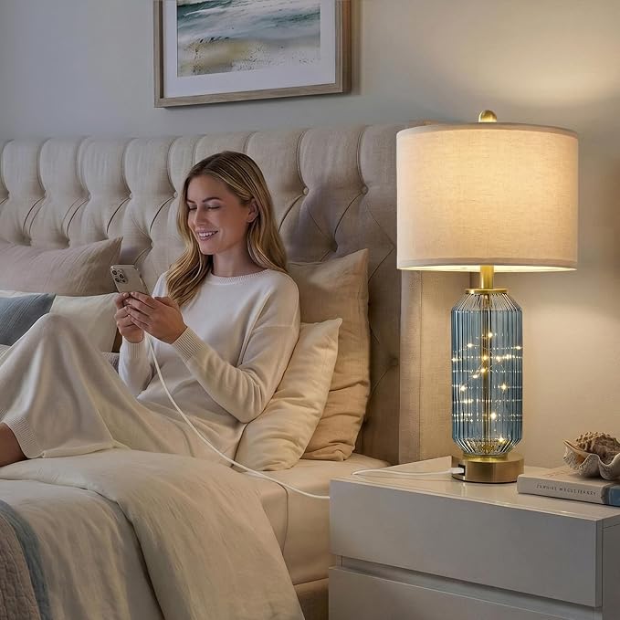 24.5" Bedside Table Lamps Set of 2, Blue Coastal Nightstand Lamps with Night Light, USB A+C Charging Ports, Glass Lamps for Bedroom, Living Room, End Table (2 Bulbs Included)