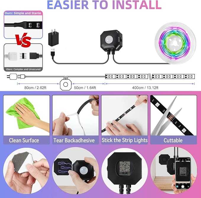 Motion Sensor Under Bed Lights,2x13.12Ft RGB LED Strip with RF Remote & APP | 5V Music Sync Color Changing LED Lights with Constant On,Motion Activated,Light Sensing 3 Modes for Bed Stair