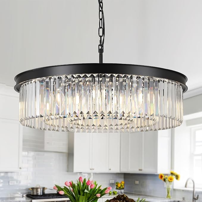 30'' Modern Crystals Chandelier 12-Light Large Black Crystal Chandeliers for Entryway 3-Tier K9 Crystal Ceiling Pendant Light Fixture for Living Room Dining Room Foyer Kitchen Bedroom