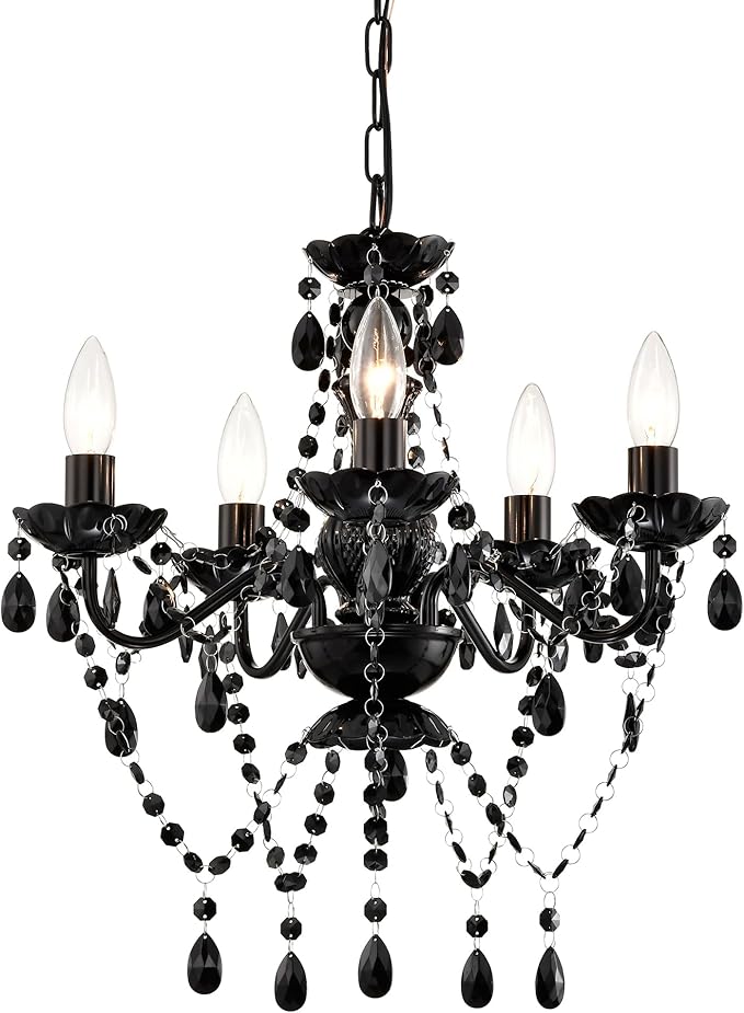 Black Small Crystal Chandelier, 5-Light Acrylic Chandelier Lighting Fixture for Bedroom, Closet, Dining Room, Entryway Ceiling Light