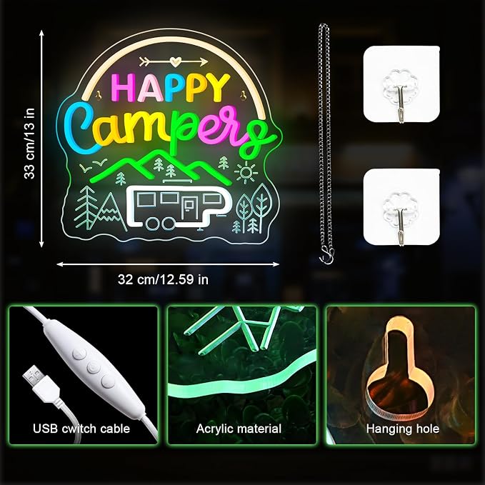Camping Neon Sign Car Neon Signs for Wall Decor Happy Camper Sign Lights Up Van Life Travel Trailer LED Camping Decor for Inside Outdoor Decorations Camper Gifts for Teens Picnic Lovers