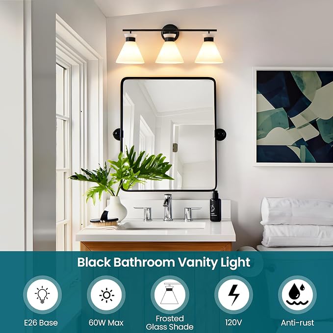 Black Bathroom Vanity Light Fixtures: Vanity Lighting Fixtures over Mirror 23.4 inch with Milky White Frosted Glass, 3-Lights Farmhouse Vintage Vanity Lighting Bathroom Wall Light(Exclude Bulb)