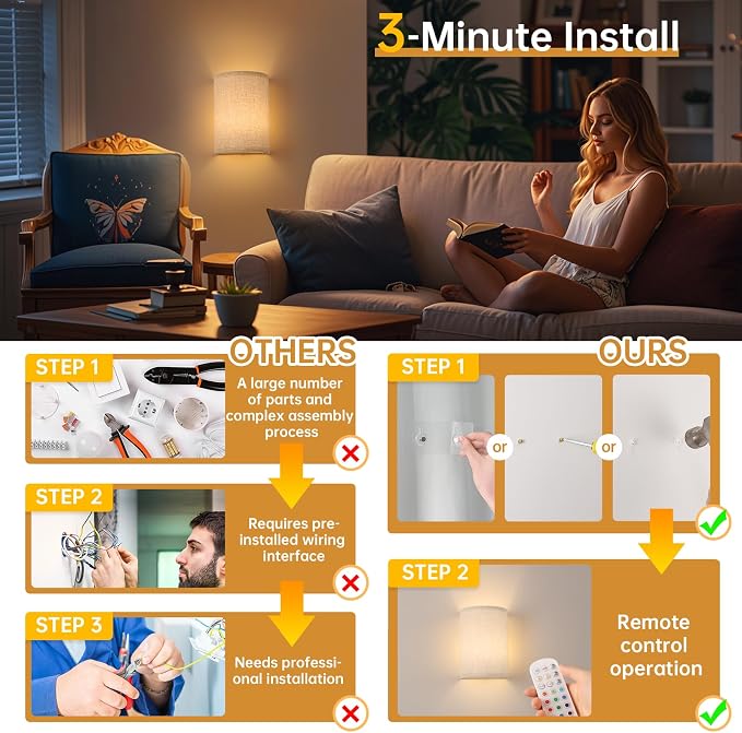 Shenmoyl Battery Operated Wall Sconce Set of 2, Rechargeable 6000mAh Magnetic Bulb, No Drill Stick On Cordless Wall Light, RGB & 3 Color Temperatures Dimmable with Linen Shade for Bedroom Living Room