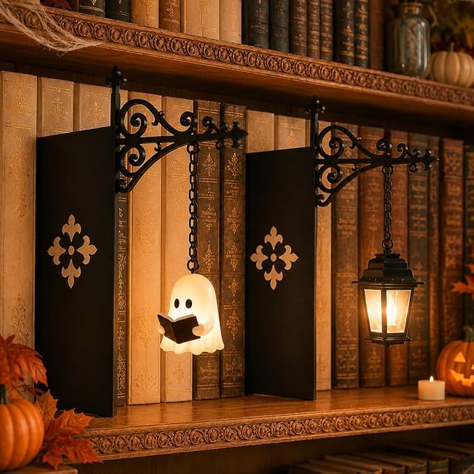 Library Lantern-Decorative Bookshelf Lighting, Reading Nook LED Nightlight, Metal Bookcase Lamps, Vintage Table Desk Luminaires, Studious Home Room Ornament (A+B-2Pcs)