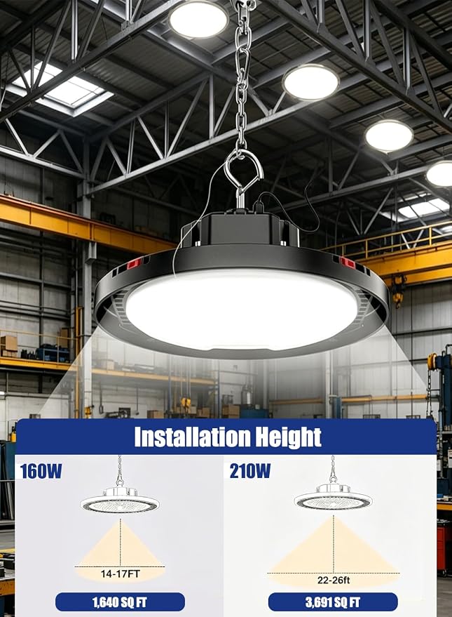 210W UFO LED High Bay Light, 31500LM Shop Lights, 5000K Daylight, ETL Listed with 6' Cable & Safety Rope, IP65 Waterproof Commercial Lighting for Warehouse, Workshop, 980W MH/HPS Equivalent, 1 Pack