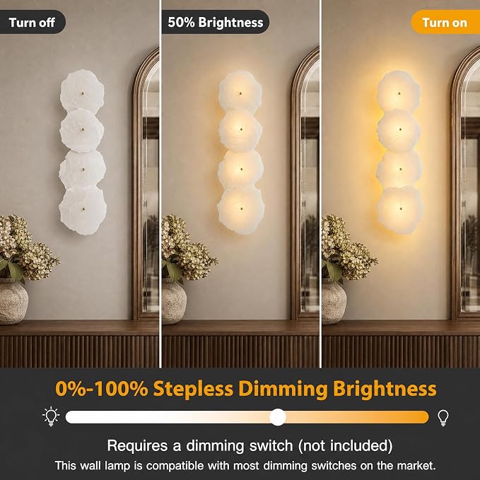 Alabaster Wall Sconce, 4-Light Luxury Spanish Natural Marble Wall Sconce, Brushed Gold Alabaster Sconces, Indoor Bathroom Sconces Wall Light for Foyer, Stairs, Dining Room, Art Deco(1 Pack
