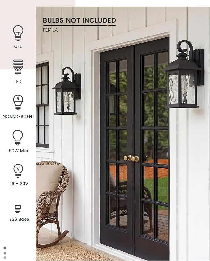 FEMILA Dusk to Dawn Exterior Wall Sconce, 15" Front Porch Light Fixtures Wall Mount for Patio, Garage, Garden, UL Listed, Matte Black Water Ripple Glass, 4FD54B-PC BK-WP