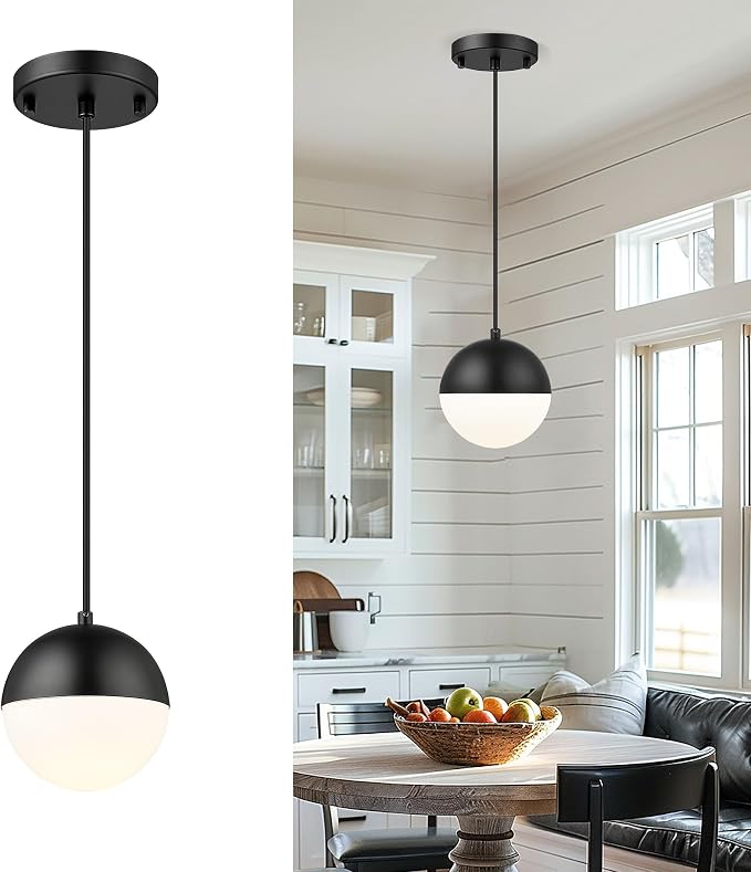 6-inch Mid Century Pendant Light, Matte Black Pendant Light Fixtures with White Globe Glass, Adjustable Hanging Ceiling Light Fixtures for Dining Room Living Room Bedroom, LMS-186BKS