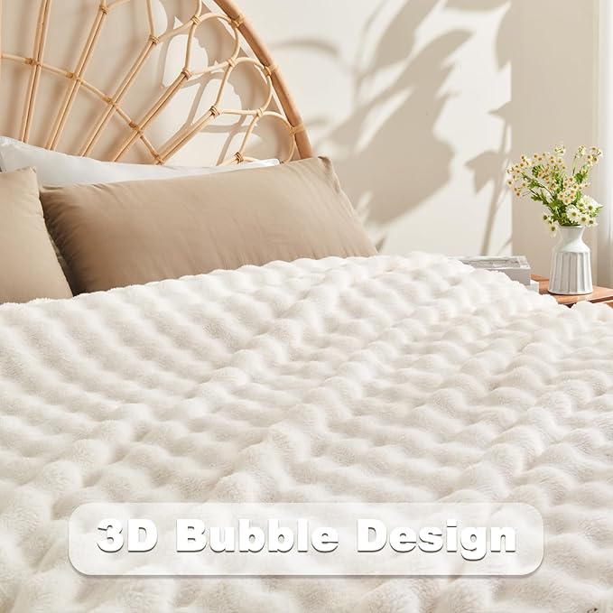 NEWCOSPLAY Twin Blanket for Couch Ivory Super Soft Flannel Fleece 3D Bubble Lightweight Bed Blanket All Season Use (Ivory, Twin(60"x80"))