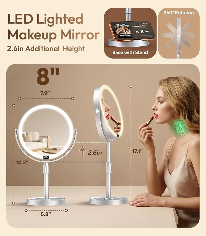 8" ABS Lighted Makeup Mirror with Lights, 1X/20X Magnifying Mirror with Light and Digital Display, 2.6in Height Adjustable, Rechargeable, 3 Color Modes for Makeup & Shaving, Easy to Detach, Women Gift