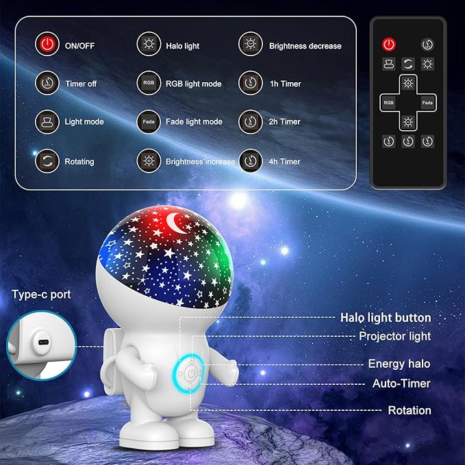 Night Light Projector,Night Light for Kids,Astronaut Star Projector with Timer,Remote, Adjustable Brightness,Energy Halo and 360 ° Rotation