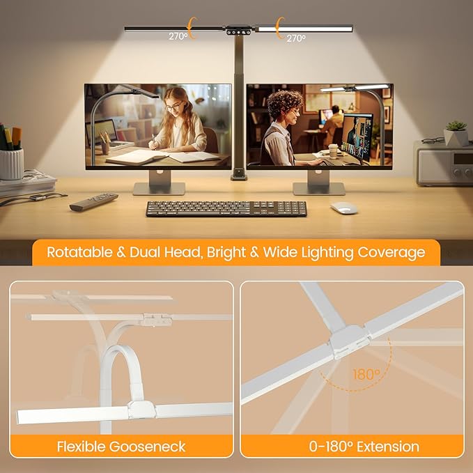 Upgraded LED Desk Lamp for Home Office with RGB, Rotatable Computer Desk Light with Remote, Tall Table Lamp with Clamp for Working, Dimmable Dual Head Task Lighting for Monitor PC, 22W
