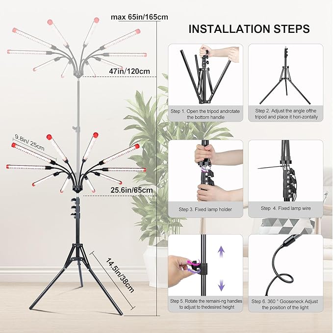 10Head Grow Light with Stand for Tall&Large Indoor Plants, Bonsai Tree, Big Coverage and Bright Plant Growing Lamps, 4/8/12/16/20H Timer, 90 Watt Power Draw, NO Need Adapter, 360° Gooseneck