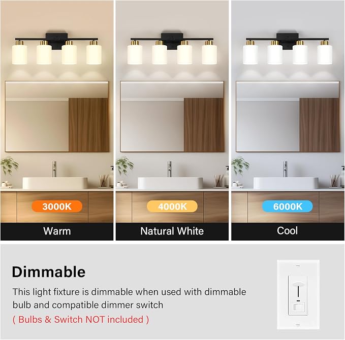 FonmYim Black and Gold Bathroom Light Fixtures Vanity Lights Over Mirror | Modern 4-Light lighting fixtures for bathroom with Milky White Frosted Glass Shades, E26 Socket (Bulbs Not Included)