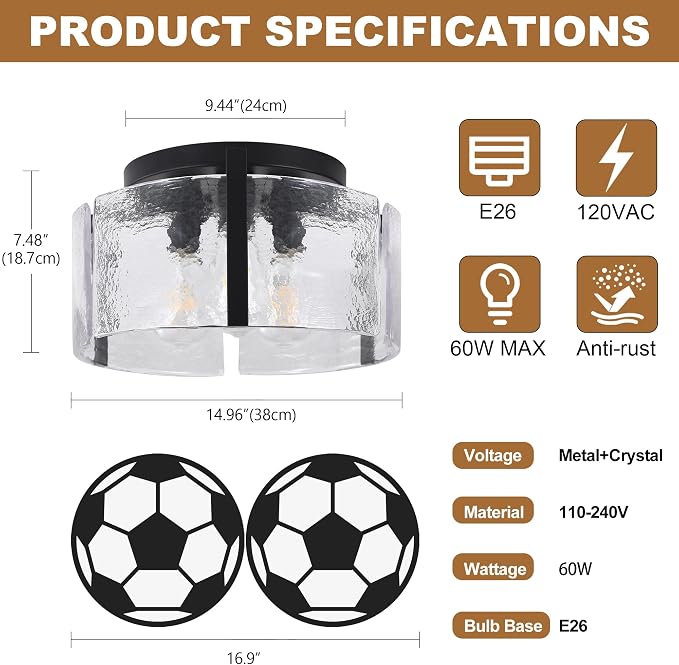 Black Semi Flush Mount Ceiling Light 15'', 3-Light Modern Farmhouse Glass Light Fixture, Dimmable Close to Ceiling Mount for Hallway, Kitchen Island, Entryway, Bedroom, Bathroom, Laundry Industrial
