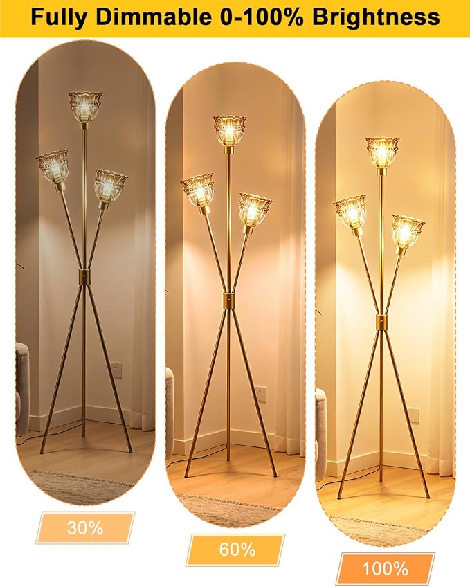 Lightdot 3-Lights Glass Tripod Floor Lamp Gold Dimmable Floor Lamps with 3000K Warm White Bulbs for Wedding Party 62IN Tall Standing Lamp with Amber Glass Shade for Living Room/Bedroom/Home Decor