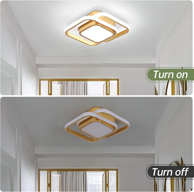 2 Packs Modern Led Ceiling Light Acrylic Square Small Ceiling Lamp Cool White 6000K Hallway Lighting Fixtures for Bedroom Kitchen Living Room Study Hallway Small Asile Lamp Corridor Lights (Gold)