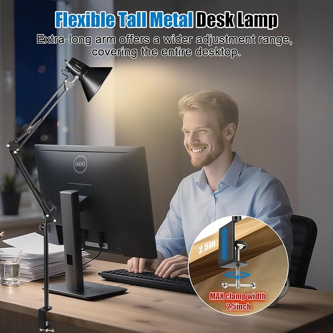 LED Clamp on Desk Lamp, 360°Adjustable Swing Arm Desk Lamp | Clamp Light with Eye-Caring LED Bulb for Home Office Reading Drafting
