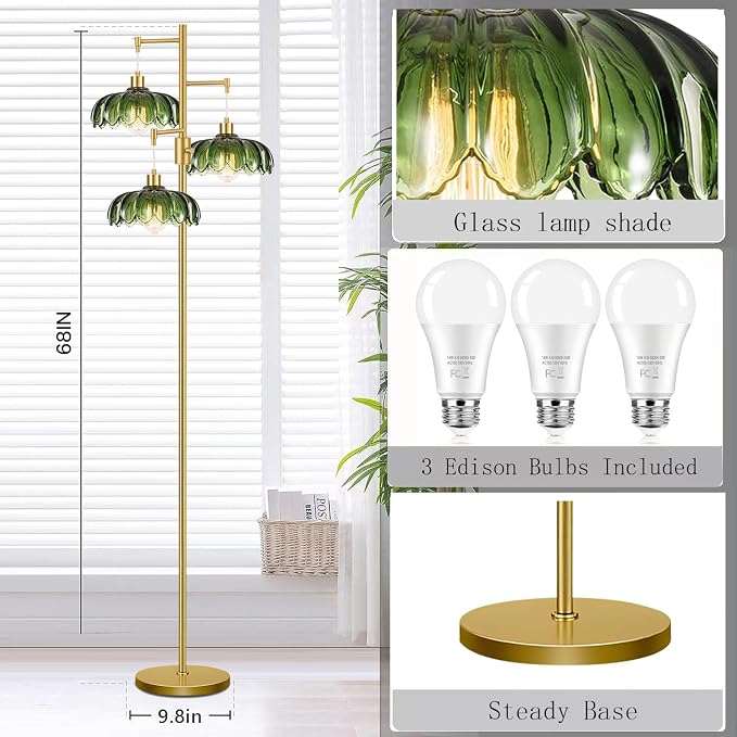 Dimmable Floor Lamps for Living Room Bedroom-3 Light Gold Floor Lamp with Glass Lampshape, Flower Tall Lamp Mid Century Modern Standing Lamp Glass Tree Floor Lamps for Living Room Bedroom,Corner
