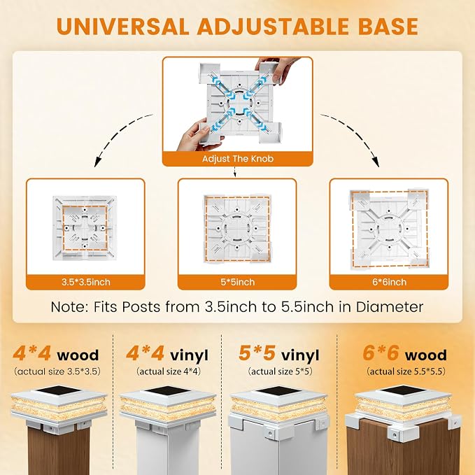 APONUO Solar Post Cap Lights Outdoor, 3 CCT & 2 Brightness Deck Post Lights Solar Powered for 4x4 5x5 6x6 Vinyl Wooden Posts, Waterproof Dusk to Dawn Fence Deck Lights for Patio Garden, White, 6-Pack
