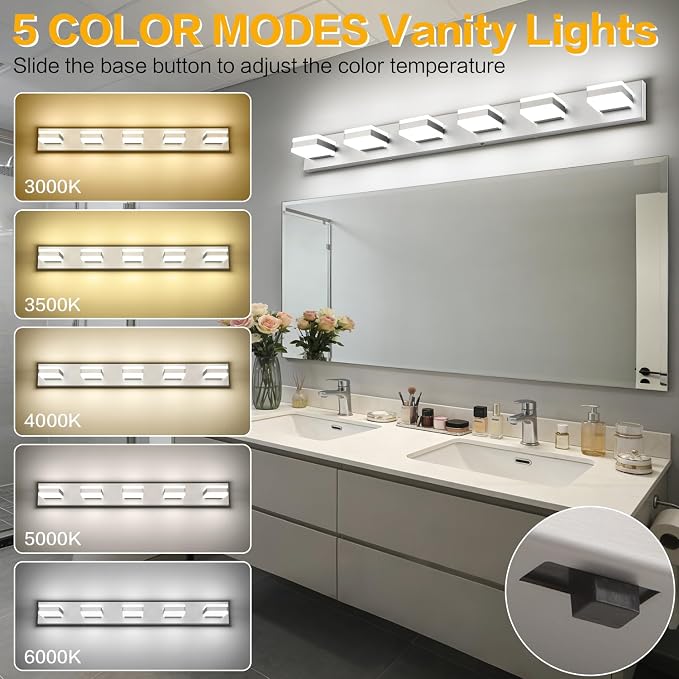 SOLFART Bathroom Light Fixtures, 5 Color Temperature Modern Vanity Lights, Brushed Nickel 6 Lights LED Lighting Light Color Adjustable 5CCT