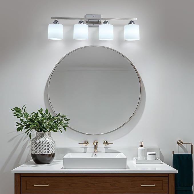 Mecgirn Stainless Steel Milk Glass Vanity Lights for Bathroom, 4 Light Chrome Bathroom Light Fixtures Over Mirror, Ceramic E26 Sockets Wall Mounted