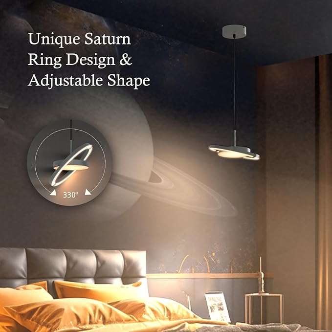 FIMEI LED Saturn Pendant Lights, 3000-6000K Dimmable Adjustable Hanging Chandelier Saturn Ring Design for Dining Room Kitchen Island Entryway Bedroom Foyer Black (Gray, 2)