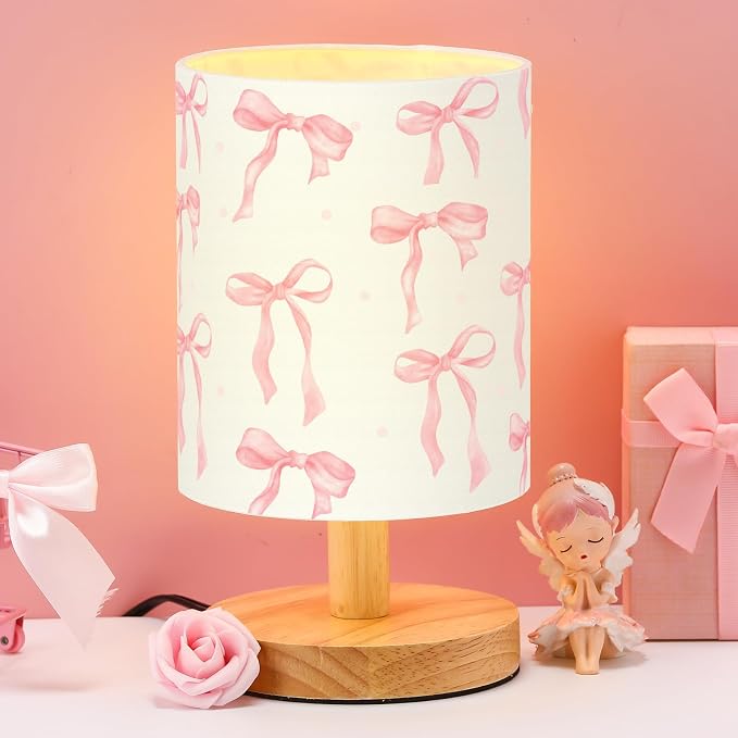 Bow Kids Table Lamp for Bedroom Kids Bedside Lamp with Linen Wooden Nightstand Cartoon Nursery Lampshade for Girls Boys Living Room