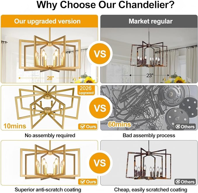 Lynnoland 25"-61" Height Adjustable Modern Gold Chandelier for Dining Room, No Assembly Required Gold Dining Room Light Fixture Over Table, Industrial Metal Pendant Lights Fixture for Kitchen Island