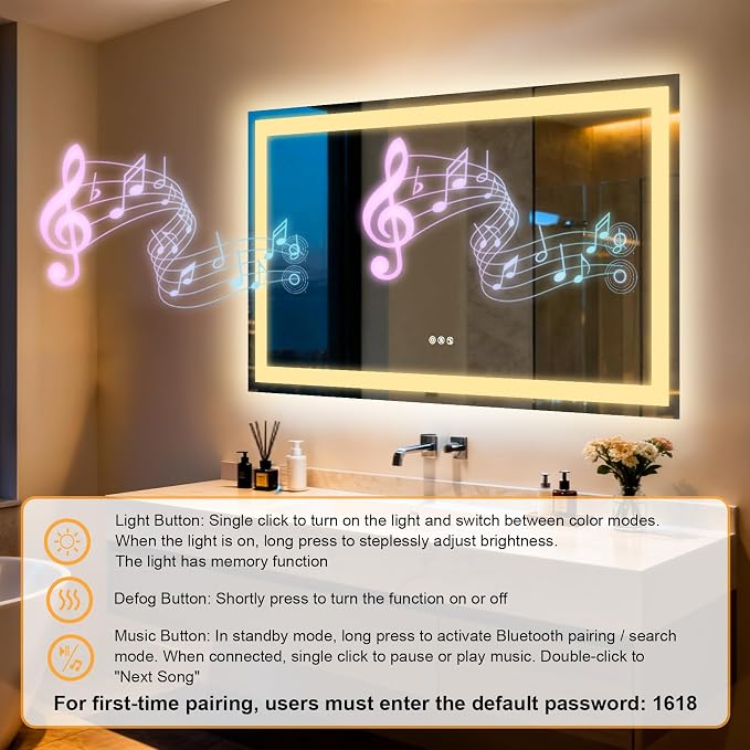 40"x28" LED Bathroom Mirror with Lights,Bluetooth Dual Speaker | Anti-Fog,3 Color Temperature,Dimmable Brightness,Memory Function,Waterproof,Wall Mount Design,Tempered Glass