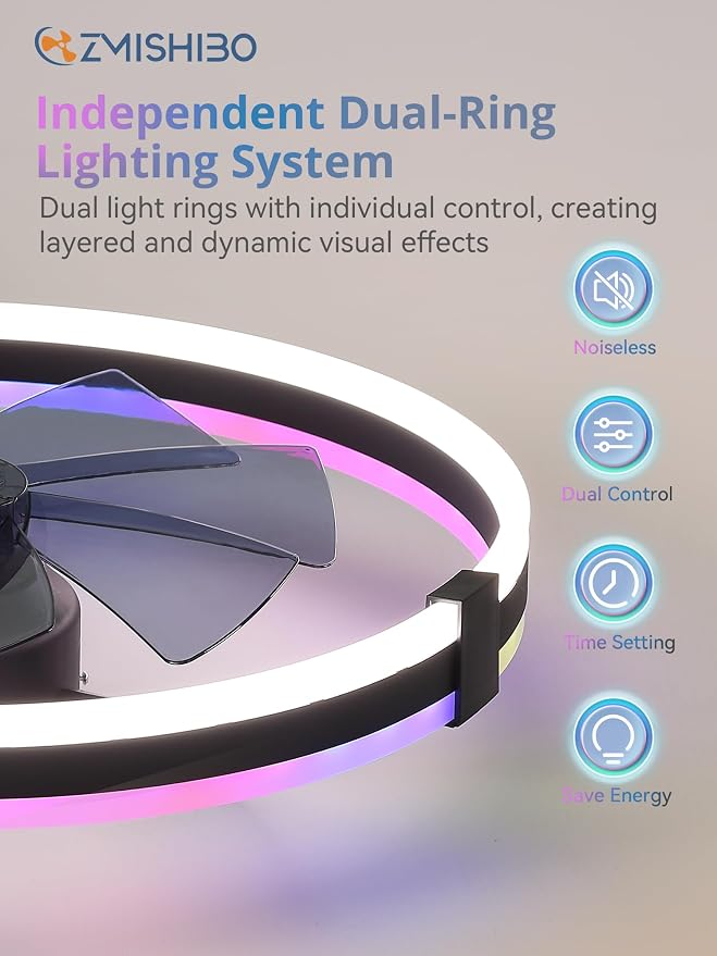 ZMISHIBO 23" RGB Low Profile Ceiling Fans with Lights and Remote, Black | Custom RGB+3CCT Dimmable, 6 Speeds, Remote/App Control, Reversible DC Motor, Memory, Timer, Modern Fandelier for Kids/Bedroom
