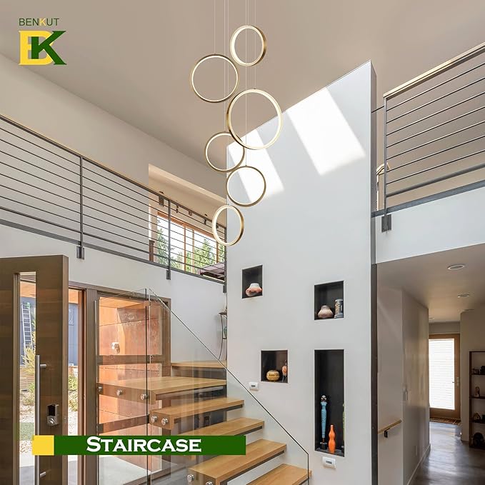 Modern LED Chandelier 6 Ring Gold LED Pendant Light Adjustable Height Hanging Ceiling Light Fixture Dimmable Chandelier Ceiling Hanging for Foyer, Entryway (98.5in 3000K-6500K)