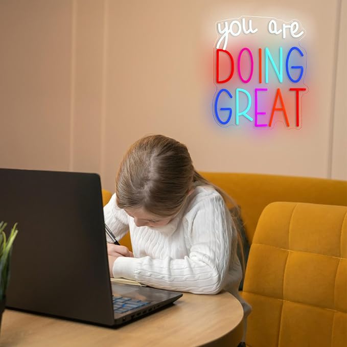You Are Doing Great Neon Sign Colorful Doing Great Neon LED Light Dimmable Inspirational Letters Light Sign for Wall Decor Living Room Office Club Home(12.6 * 14.96In)