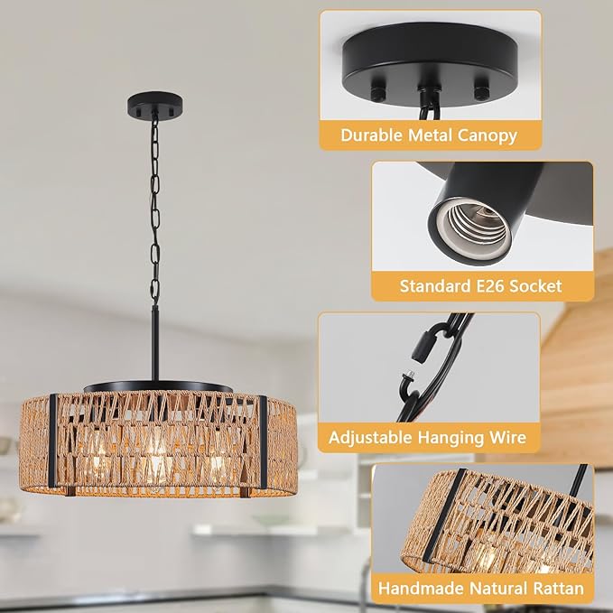 Large Farmhouse Rattan Chandelier, 5-Light 21.6”Boho Chandeliers Light Fixture with Rustic Wicker Hand Woven Pendant Light for Living Room,Kitchen Island Bedroom(E26 Bulbs Not Included)