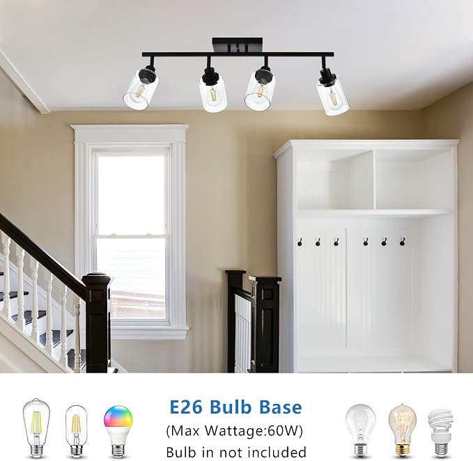 MELUCEE 4 Light Track Lighting Kit 28.7 Inch Bathroom Light Fixtures | Matte Black Ceiling Spotlight Fixture for Hallway Foyer Bath Storage, Clear Glass Shade