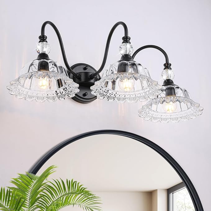 Vintage Bathroom Vanity Light Fixtures 3 Lights Matte Black Vanity Lights for Bathroom with Floral Crystal Glass Shades Wall Lighting Fixtures Over Mirror(Exclude E26 Bulb)