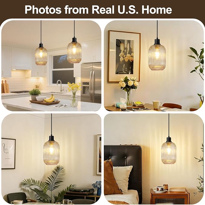 2 Pack Pendant Lights with Vintage Amber Ribbed Glass Lampshade, Adjustable Matte Black Pendant Lights Fixtures for Kitchen Island Lighting Sink, Dining & Living Room Hallway (Bulbs Not Included)