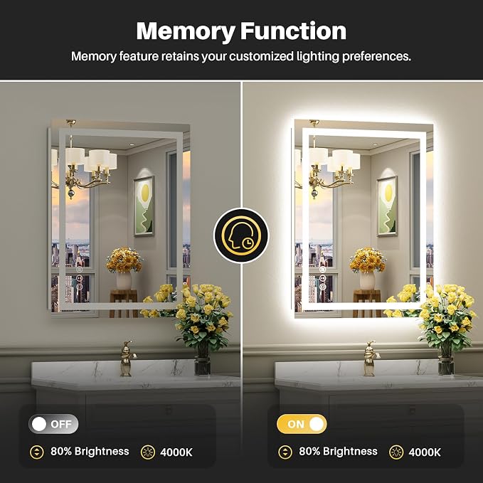 28x32 Inch LED Bathroom Mirror with Lights, Backlit & Front Lit | Anti-fog, 3 Color Dimmable, Memory Function, HD Reflection Tempered Glass, ETL Listed, IP54 Waterproof