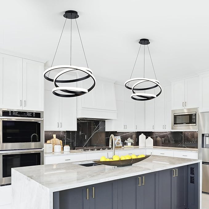 Mayful Modern Chandelier with Remote Control, 3-Color Dimmable LED Pendant Light Fixtures, Height Adjustable Kitchen Island Lighting for Dining Room,Bedroom,Living Room,Foyer,Office Black 19.7 inches