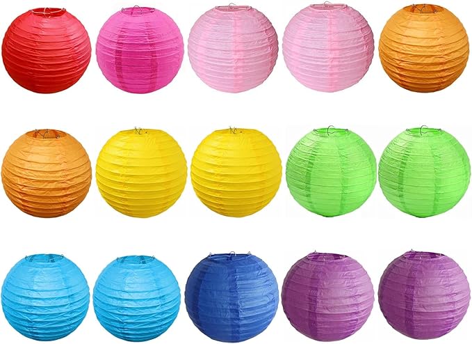 15pcs Colorful Paper Lanterns Multicolor Hanging Ball Lanterns for Birthday Wedding Bridal Baby Shower Home Office Classroom Outdoor Indoor Party Decoration (8 inch)